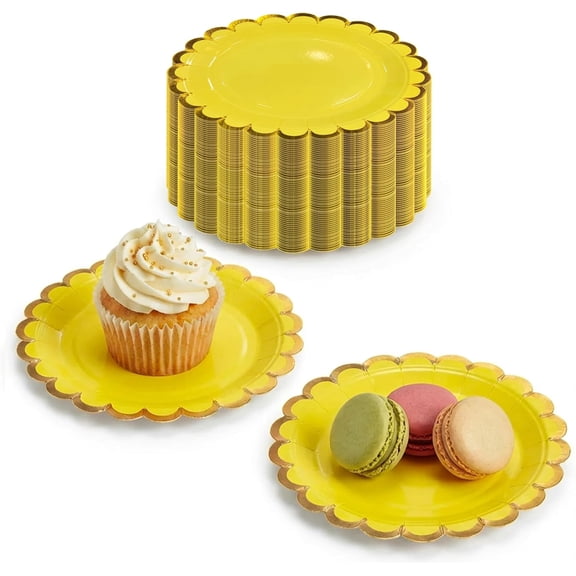 50 Pack Lemon Yellow Paper Plates with Gold Scalloped Rim — 7 Inch Disposable Dessert Plates for Easter Brunch, Spring Baby Shower & Summer Picnic