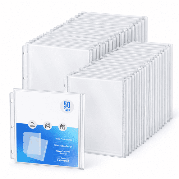 50 Pack Letter Size 3-Hole Binder Pockets, Waterproof Resealable Zip Document Organizers