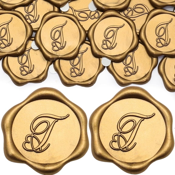 50 Pack Letter T Wax Seal Stickers, Antique Gold Heart Design Initial Wax Stickers for Wedding Party Invitation Envelope Christams