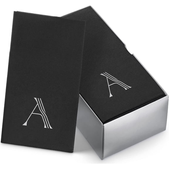 50-Pack Linen-Feel Monogrammed Paper Napkins 12" x 17" Black with Silver Foil Initial A