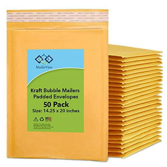 50 Pack Made In USA Kraft Bubble Mailers (#7) 14.25 x 20 Inches Extra Large Shipping Padded Envelopes With Self Seal Tape 50 Pack