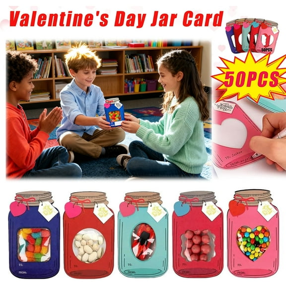 50 Pack Mason Jar Valentines Day Cards - Sturdy Fillable Bulk for Classroom Supplies, Craft Lessons & Friend Gatherings, Perfect for Boys, Teachers & Parents (Candy Not Included)