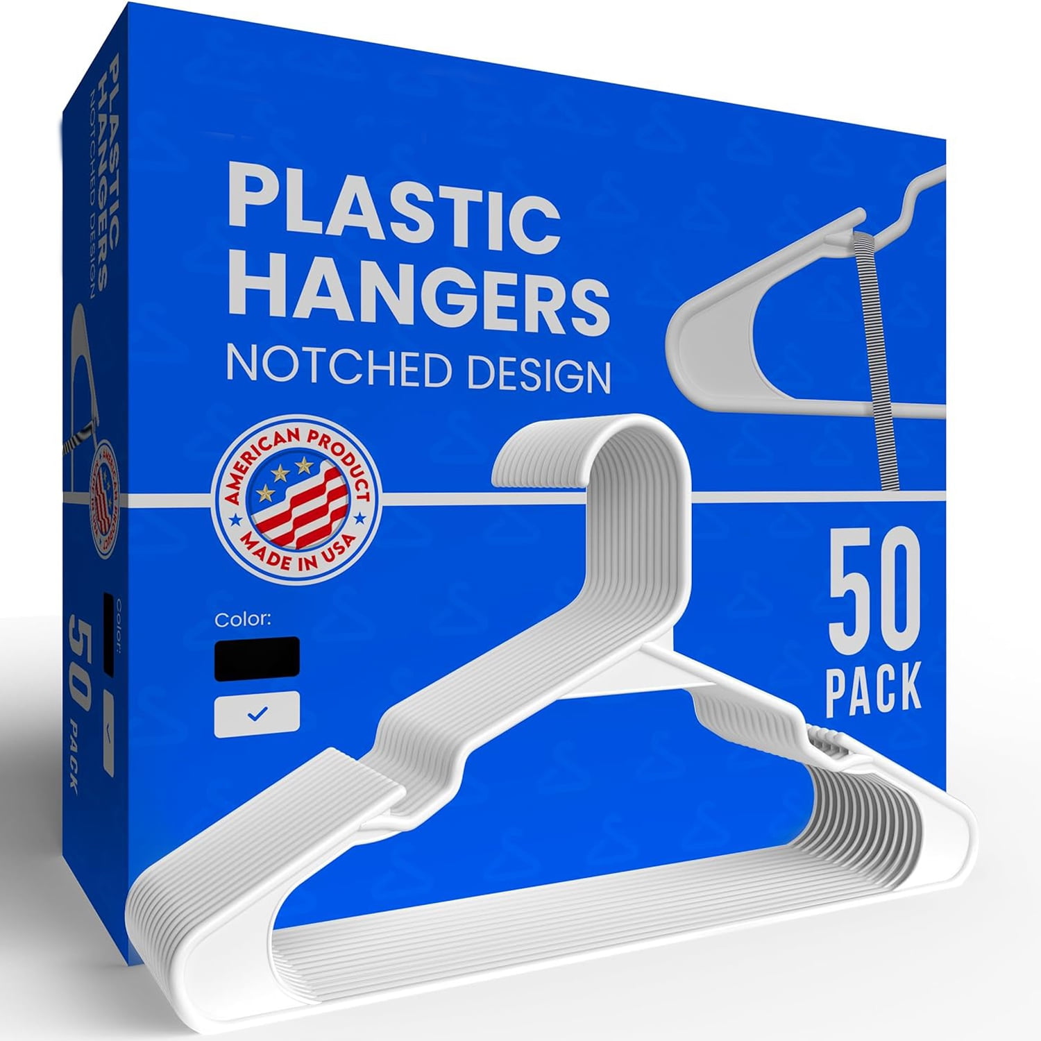 50-Pack Matte White Plastic Hangers - Notched Design, American Made, Heavy Duty, Slim & Space-Saving, Perfect for All Clothing Styles