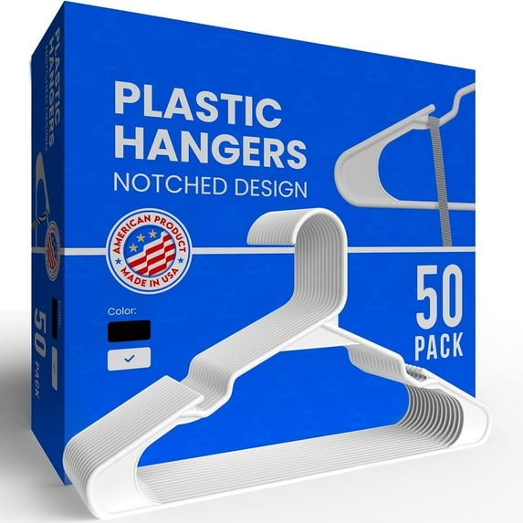 50-Pack Matte White Plastic Hangers - Notched Design, American Made, Heavy Duty, Slim & Space-Saving, Perfect for All Clothing Styles