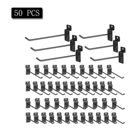50 Pack Metal Slatwall Hooks, 4 and 6 Inch Tool-Free Slatwall Accessories Hangers for Garage, Retail Display, and Kitchen Organization, Black