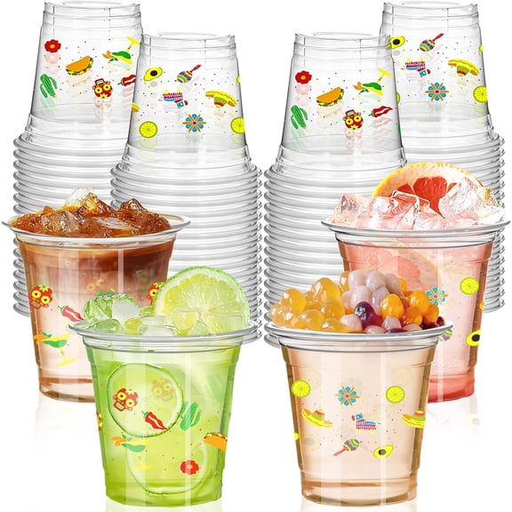 50 Pack Mexican Fiesta Cups 14 oz Clear Plastic Disposable Mug Bulk Cinco De Mayo Party Supplies for Fiesta Taco Birthday Party Decorations