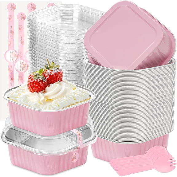50 Pack Mini Cake Pans with Lids and Spoons Small Aluminum Foil Pans Square Baking Cups Disposable Ramekins Cupcake Liners for Brownie Pie (Pink, 10 oz)