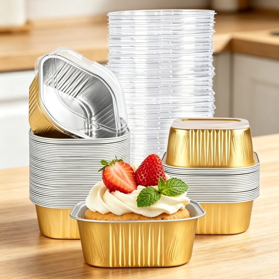 50 Pack Mini Cake Pans with Lids,  Square Aluminum Foil Brownie Baking Cups, Muffin Tin Ramekins, Disposable Dessert Cupcake Cups for Wedding Birthday Party, Gold