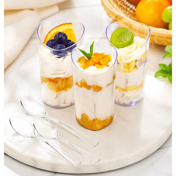 50 Pack Mini Dessert Cups with Spoons, 3 oz Clear Plastic Parfait Appetizer Cups, Small Reusable Shooter Serving Bowls for Tasting, Slanted Triangle Shot Glasses