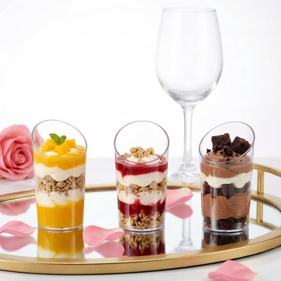 50 Pack Mini Dessert Cups with Spoons, 2.2 oz Plastic Small Dessert Shotter Cups Slanted Appetizer Cups for Serving Mousse Pudding Triffle