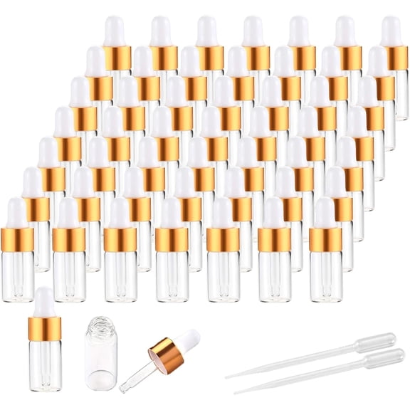50 Pack Mini Glass Dropper Bottle Clear Essential Oil Bottle with Golden Sample for Perfume Traveling Liquid Containers