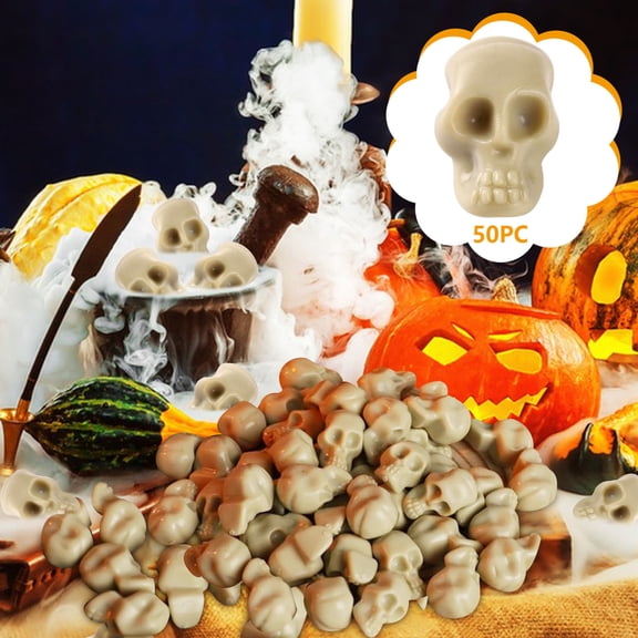 50 Pack Mini Plastic Skull Figurines, Halloween DIY Crafts Prank Props Home Table Party Favor Decorations