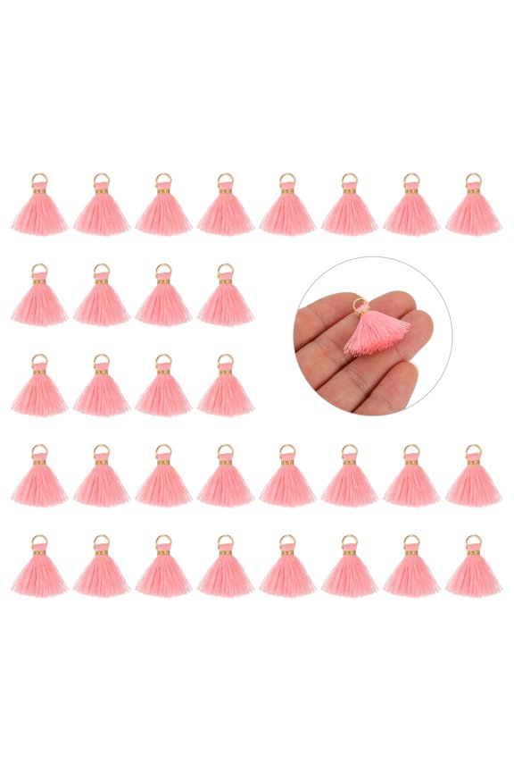 50 Pack Mini Tassels, 1 Inch Length Cotton Thread Tassels Crafting Tassels with Gold Jump Ring Fringe Ribbon Charms Pendant for DIY Keychain Crafts Decorations, Pink