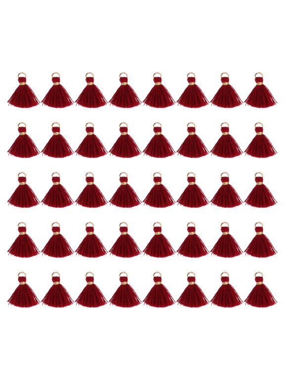 50 Pack Mini Tassels, 1 Inch Length Cotton Thread Tassels Crafting Tassels with Gold Jump Ring Fringe Ribbon Charms Pendant for DIY Keychain Crafts Decorations, Wine Red