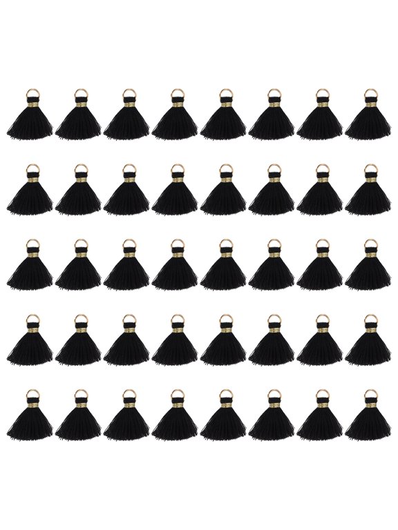 50 Pack Mini Tassels, 1 Inch Length Cotton Thread Tassels Crafting Tassels with Gold Jump Ring Fringe Ribbon Charms Pendant for DIY Keychain Crafts Decorations, Black