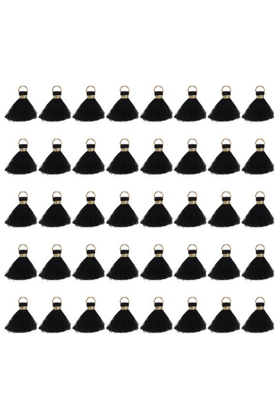 50 Pack Mini Tassels, 1 Inch Length Cotton Thread Tassels Crafting Tassels with Gold Jump Ring Fringe Ribbon Charms Pendant for DIY Keychain Crafts Decorations, Black