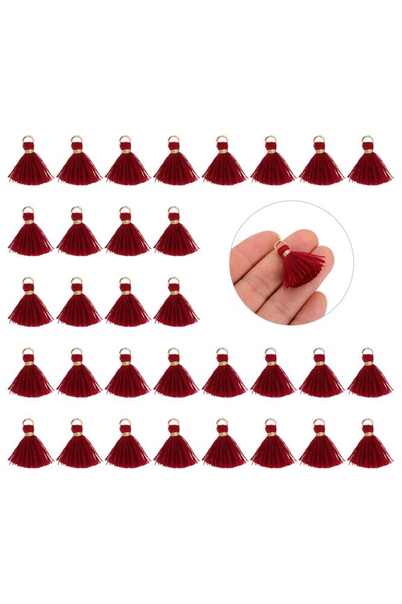 50 Pack Mini Tassels, 1 Inch Length Cotton Thread Tassels Crafting Tassels with Gold Jump Ring Fringe Ribbon Charms Pendant for DIY Keychain Crafts Decorations, Wine Red