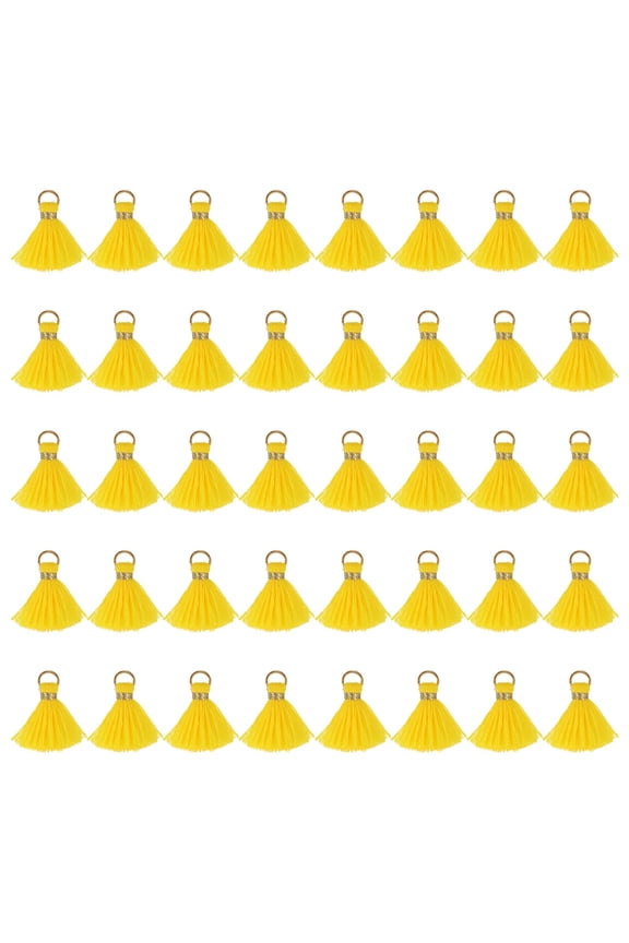 50 Pack Mini Tassels, 1 Inch Length Cotton Thread Tassels Crafting Tassels with Gold Jump Ring Fringe Ribbon Charms Pendant for DIY Keychain Crafts Decorations, Yellow