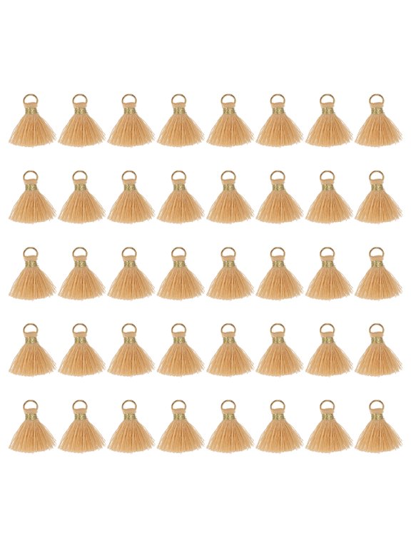 50 Pack Mini Tassels, 1 Inch Length Cotton Thread Tassels Crafting Tassels with Gold Jump Ring Fringe Ribbon Charms Pendant for DIY Keychain Crafts Decorations, Light Khaki