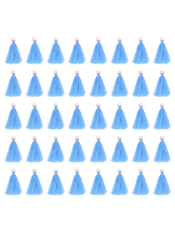50 Pack Mini Tassels, 2 Inch Length Cotton Thread Tassels Crafting Tassels with Gold Jump Ring Fringe Ribbon Charms Pendant for DIY Keychain Crafts Decorations, Light Blue