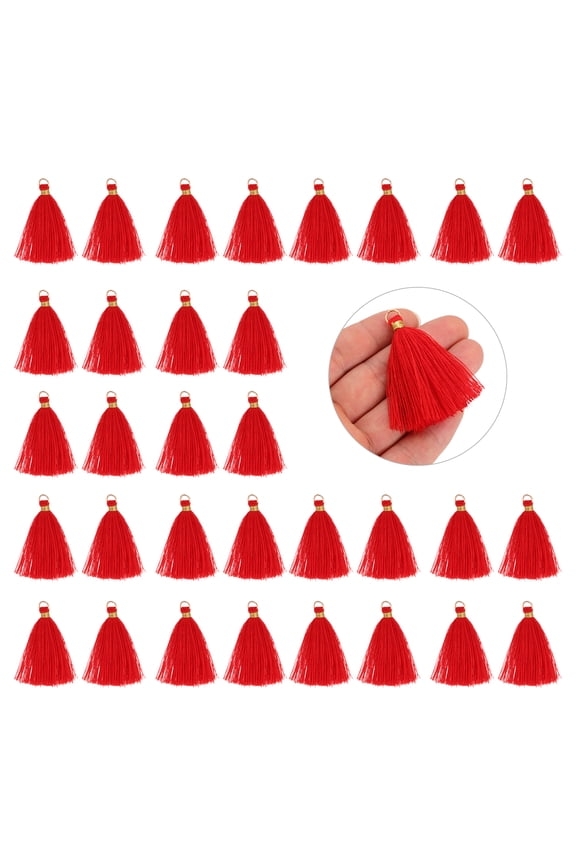 50 Pack Mini Tassels, 2 Inch Length Cotton Thread Tassels Crafting Tassels with Gold Jump Ring Fringe Ribbon Charms Pendant for DIY Keychain Crafts Decorations, Bright Red