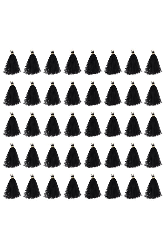 50 Pack Mini Tassels, 2 Inch Length Cotton Thread Tassels Crafting Tassels with Gold Jump Ring Fringe Ribbon Charms Pendant for DIY Keychain Crafts Decorations, Black