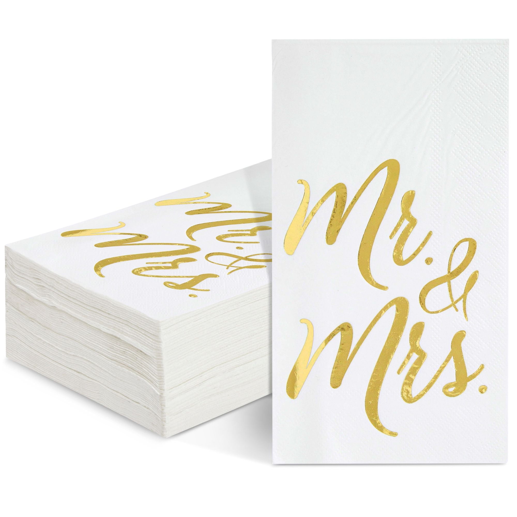 Juvale Wedding Napkins Mr & Mrs - 4 x 8 In, 3-Ply White & Gold, 50 Count - Disposable Bridal Shower & Reception Beverage Napkins