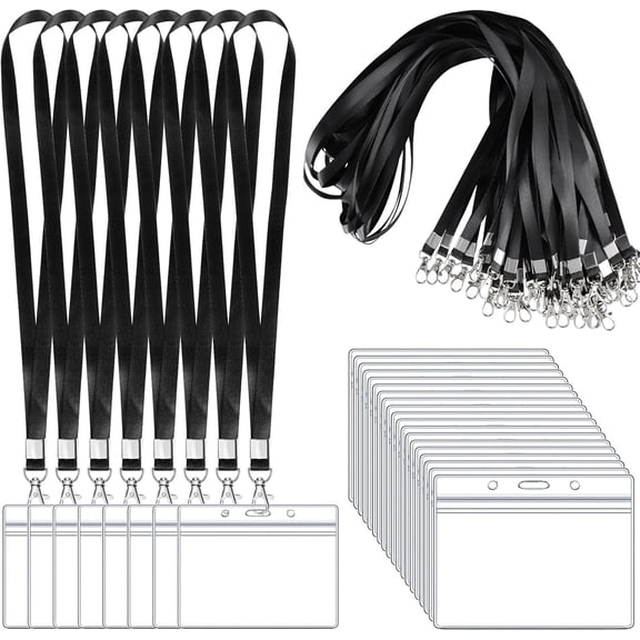 50 Pack Name Tag Lanyards with Id Holder, Clear Plastic Horizontal Name Tags Holders and Black Badge Lanyards with ID Holder for School Office Team Workers Volunteers (Black)