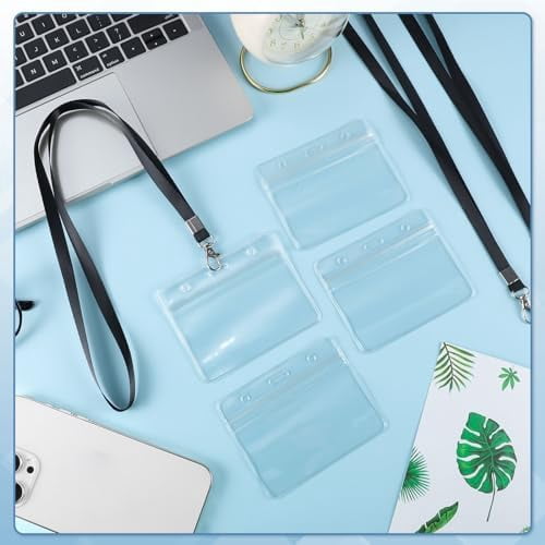 50 Pack Name Tag Lanyards with Id Holder, Clear Plastic Horizontal Name Tags Holders and Black Badge Lanyards with ID Holder for School Office Team Workers Volunteers (Black)
