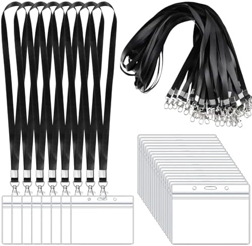 50 Pack Name Tag Lanyards with Id Holder, Clear Plastic Horizontal Name Tags Holders and Black Badge Lanyards with ID Holder for School Office Team Workers Volunteers (Black)