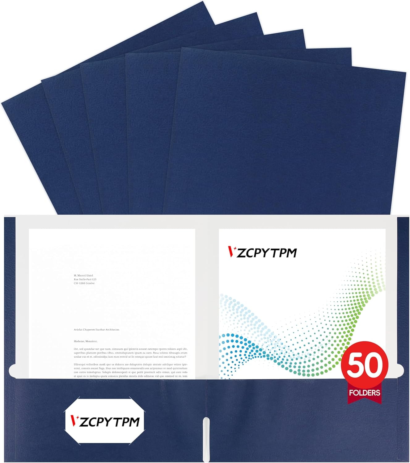 50 Pack Navy Blue Folders with Pockets,2 Pocket File Folders for Letter Size (8.5 x 11 Inch),Professional Design with Business Card Slot for Office and School Organization