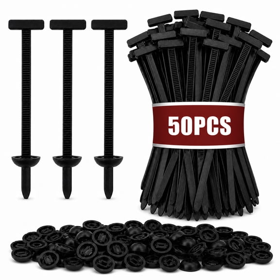 50 Pack Nylon Universal Cable Tie Buckles, T-Head Zip Tie Clips with Pin & Button, UV-Resistant Automotive Cable Fasteners for Car Bumper, Engine Bay & Daily Repairs
