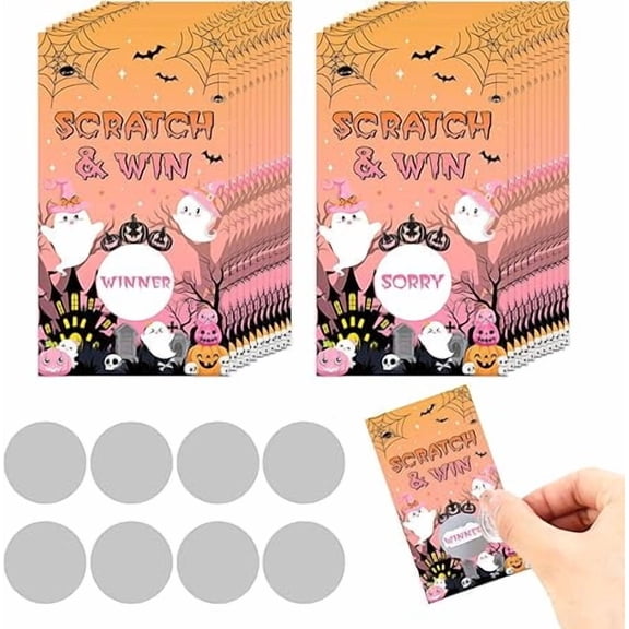 50 Pack Orange Pink Halloween Scratch Off Cards, Halloween Party Game Tickets Lottery Prize Raffle with Ghosts, Bats, Pumpkins for Boo Spooky Birthday Baby Shower