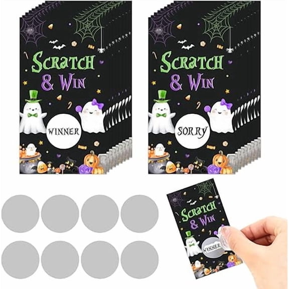 50 Pack Orange Purple Green Black Halloween Scratch Off Cards, Halloween Gender Reveal Party Game Tickets Lottery Prize Raffle with Ghosts, Bats, Pumpkins for Boo Spooky Baby Shower