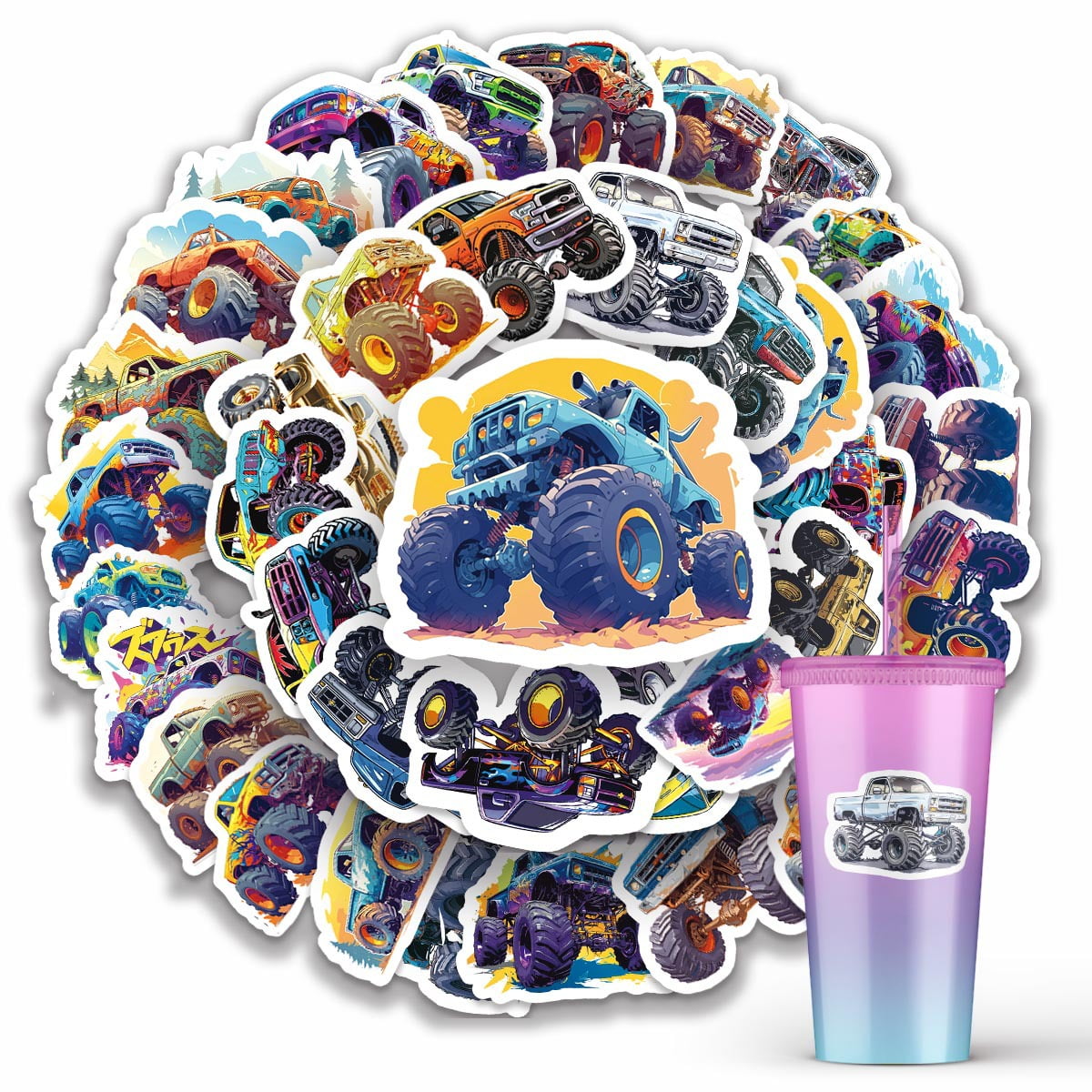 50-Pack Original Off-Road Monster Truck Stickers - DIY Cup Decals for Kids,  Matte Paper Set - Walmart.com, image size:1200x1200