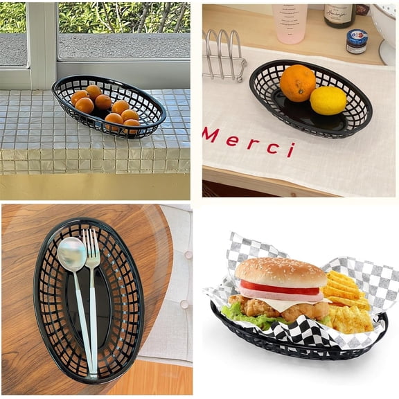 50 Pack Oval Fast Food Baskets, Reusable Black Bread Basket, Plastic Deli Chip Baskets, 8.9"L x 5.3"W Food Service Tray Holder for Burgers, Fries, Snacks, Sandwiches, Burgers, Nachos, Picnic