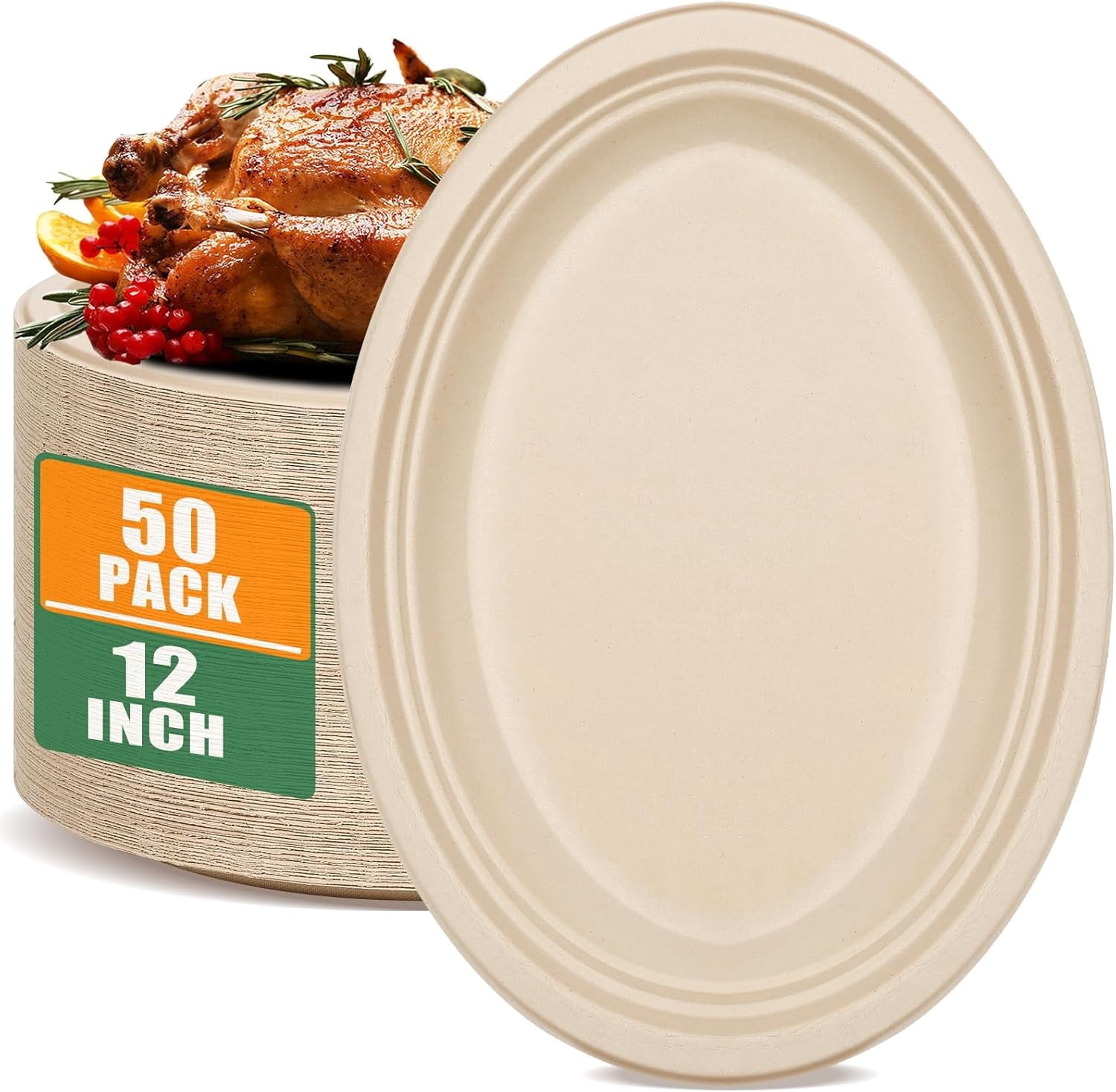50 Pack Oval Paper Plates,12 inch Paper Plates Heavy Duty,Compostable Natural Bagasse Unbleached Sugarcane Plate,Disposable Plate for BBQ Party Picnic Gathering(Brown)