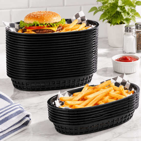 50 Pack Oval Plastic Food Serving Baskets for Fast Food, Fries, Fruits, and Parties