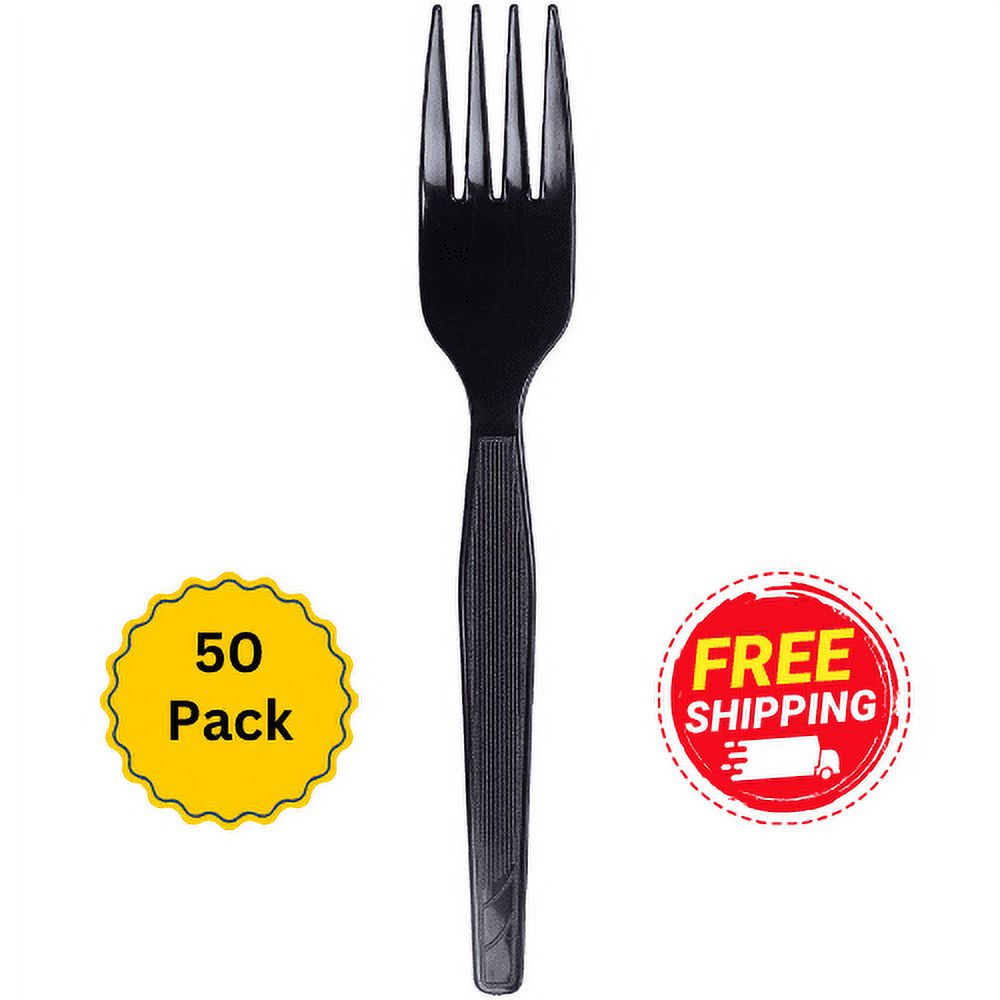 [ 50 Pack ] PP Heavy Duty Plastic Fork Disposable Reusable Black Fork Heavyweight Disposable