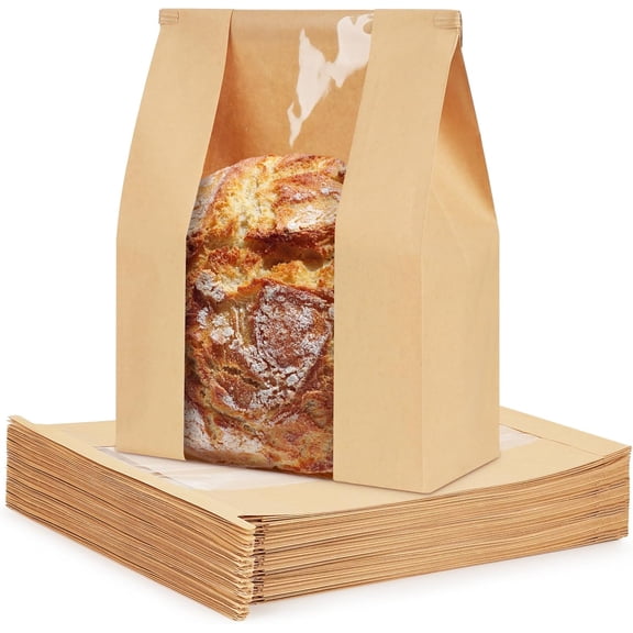 50 Pack Paper Bread Bags with Tabs for Homemade Sourdough, Large Bakery Bags with Window for Sourdough Boule, Bread Loaves, Bagels, Pastries, Baguettes (8.3x3.513 Inches)