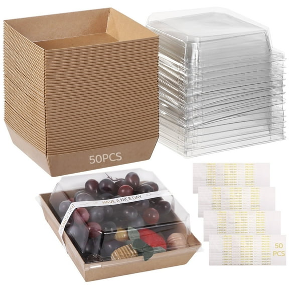 50 PCS Small Charcuterie Boxes, Includes Clear Lids and Sealing Stickers, To-Go Snack Boxes for Parties, Disposable Paper Dessert Containers for Sandwich, Cookie, Sushi, Fruits