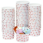 50-Pack Paper Ice Cream Cups for Frozen Yogurt, Sundae Bar, Parfaits, Treats, Diners, Restaurants, Bakeries, Disposable Dessert Bowls with Rose Gold Foil Polka Dots (8 oz)