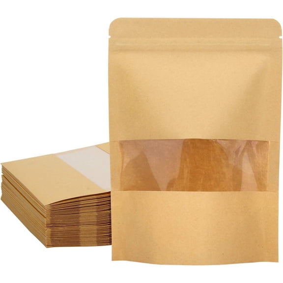 50 Pack  Paper Stand Up Pouch Bags, Resealable Bag with Transparent Window and  Notch for Multipurpose Storage (5.5 X 7.9 Inches)