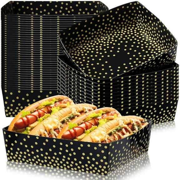 50 Pack Party Supplies 5 lb Black and Gold Circle Dot Food Nacho Boats Disposable Polka Dot Snack Trays for Birthday Wedding Bridal Shower Supplies