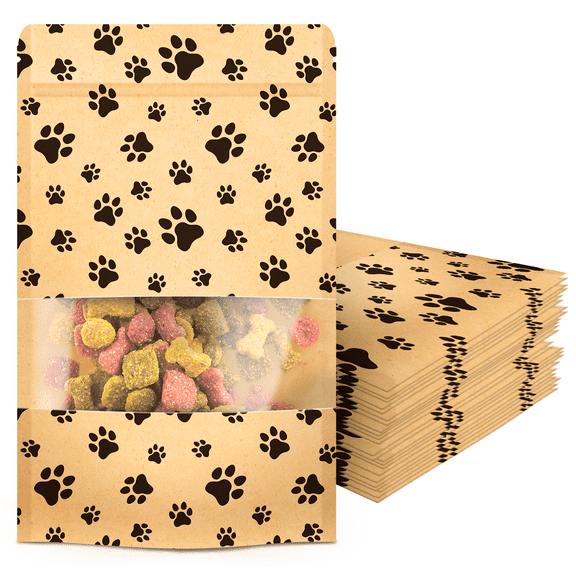 50-Pack Paw Print Dog Treat Bags by Poppy's Perfect for Canine Delights, Secure Zip Lock Closure, Food-Safe Material, 4.7 x 7.7 Inches