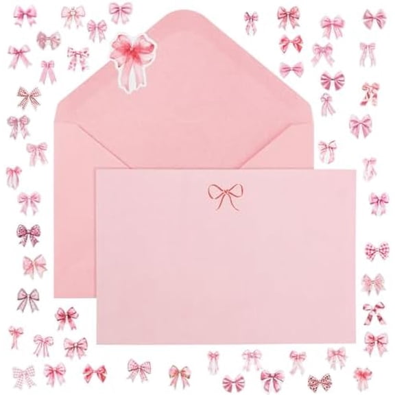 50 Pack Pink Bow Stationery Cards with Envelopes and Stickers Coquette Bowknot Thank You Greeting Cards Cute Pink Blank Note Writing Paper for Wedding Bridal Baby Shower Birthday Party$$Office