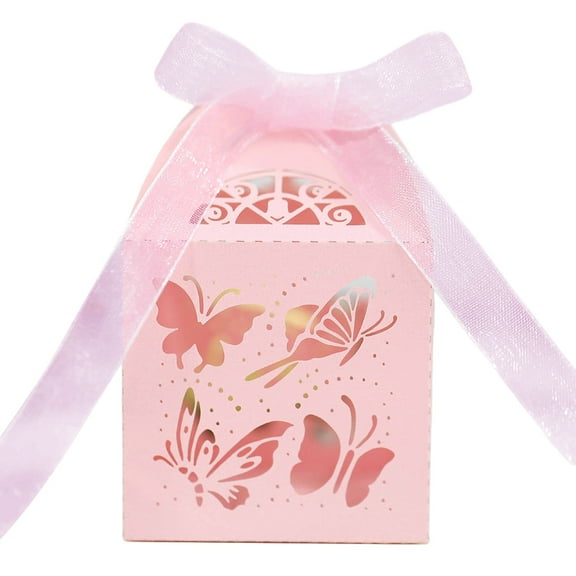 50-Pack Pink Butterfly Window Treat Boxes, 5x5x8 inch Paper Candy Favor Boxes for Wedding, Birthday, Baby Shower - Easy Fold Gift Box for Chocolates, Snacks, Party Decor