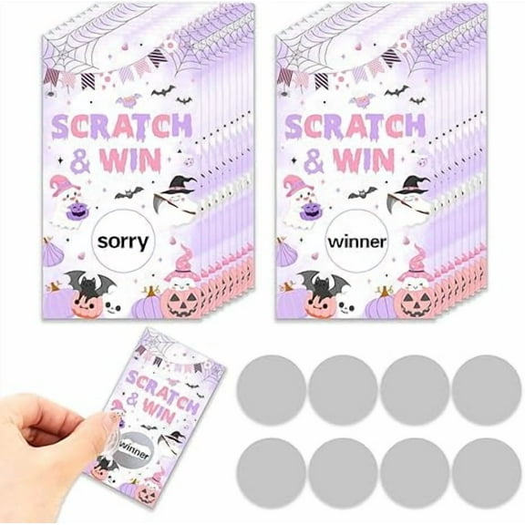 50 Pack Pink & Purple Halloween Scratch Off Cards, Halloween Party Game Tickets Lottery Prize Raffle with Cute Ghosts, Bats, Pumpkins for Boo Spooky Birthday Baby Shower