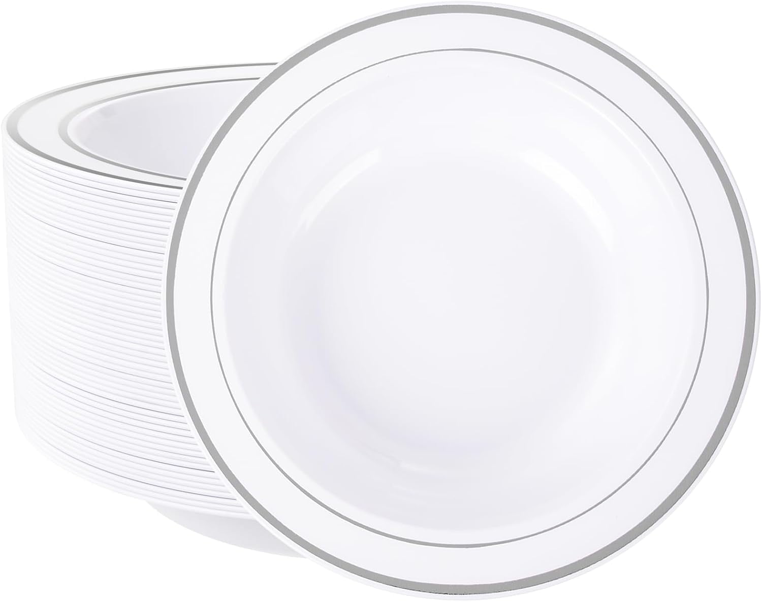 50 Pack Plastic Bowls With Silver Rim - 12oz Disposable Soup Bowls 