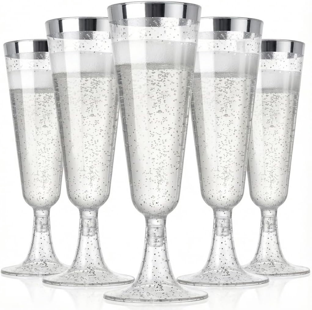 50 Pack Plastic Champagne Flutes 5.5oz Silver Glitter Rim Disposable  Suitable for Wedding, Birthday Party, Thanksgiving Day, Christmas Supplies  - Walmart.com